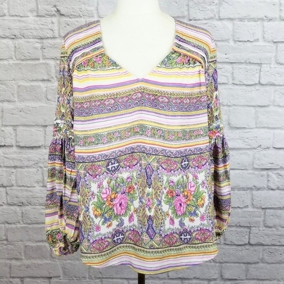 Maeve Anthro Ceresco pastel floral long sleeve v neck top women's size Small - Picture 3 of 9